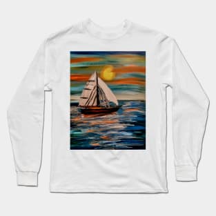 Sailing ship in the open ocean at sunset Long Sleeve T-Shirt